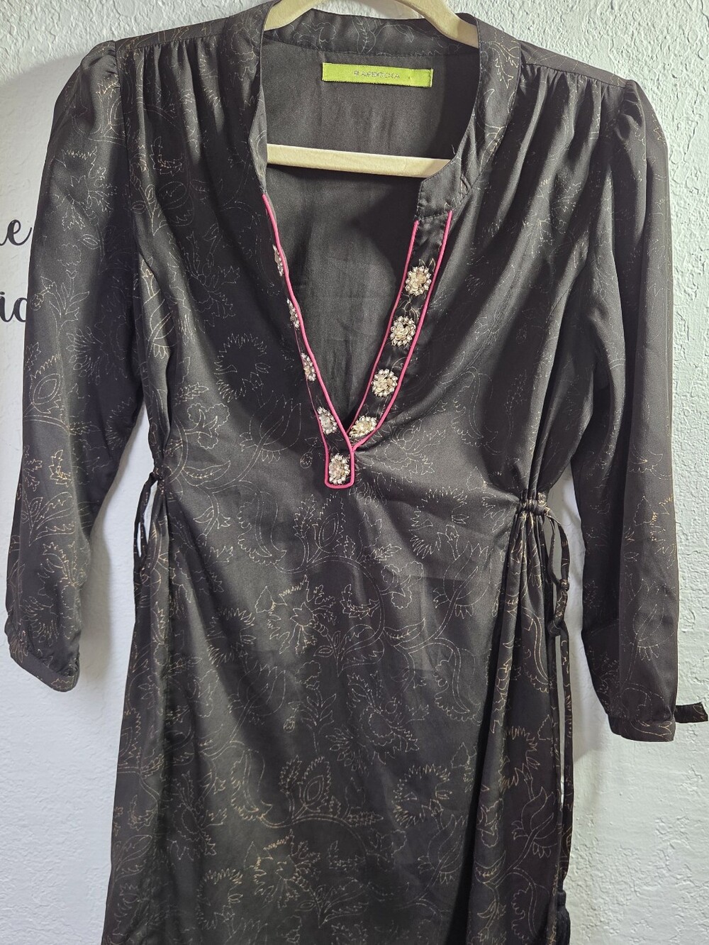 Rapsodia Argentina Luxury Dark Brown Gold Floral Crystal Beaded Tunic Blouse _ S